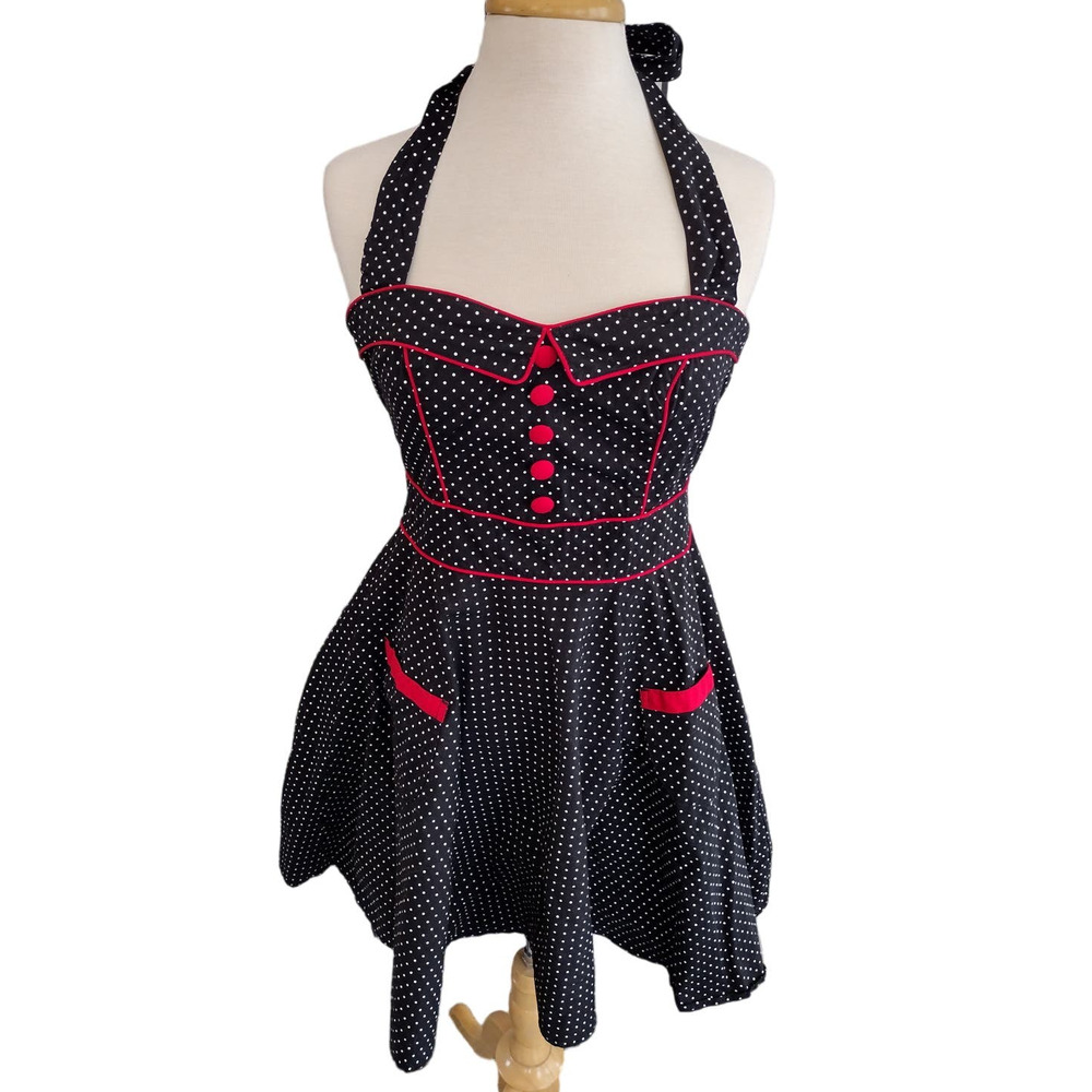 Hell Bunny | Black Polka Dot Red Trim Sweetheart Halter Fit & Flare Dress